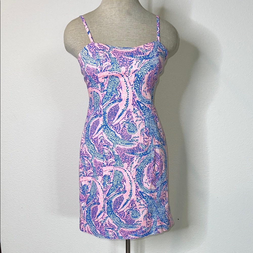 Lilly Pulitzer Shelli Stretch Dress Blue and Punk Alligator Print